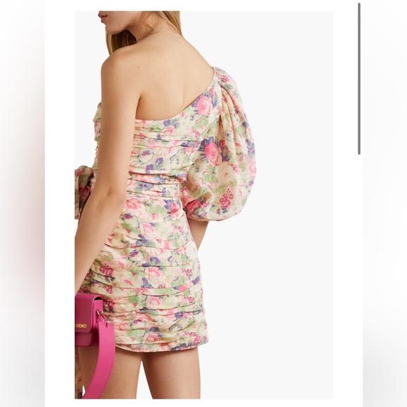 Loveshackfancy Altie One Shoulder Pleated Floral Print Satin Mini Dress - Picture 2 of 7
